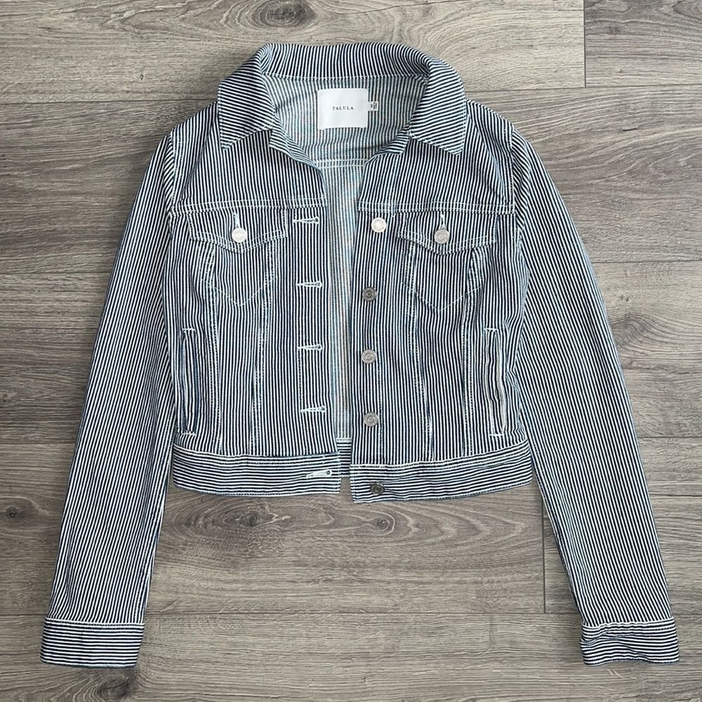 Aritzia Talula Denim Jacket XS Navy White Striped Cropped Stretch Coastal Preppy